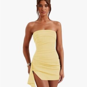 Amazon Strapless Yellow Ruched Bodycon Mini Dress